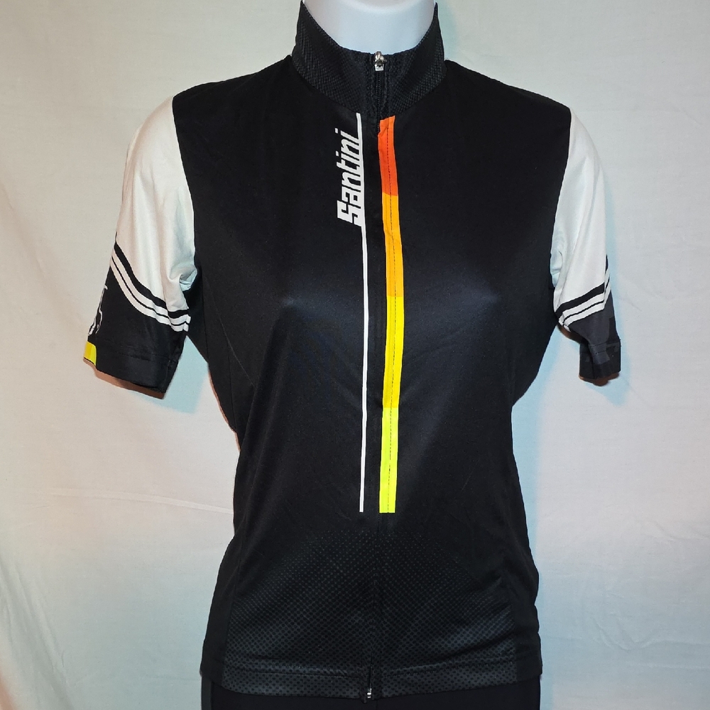 Santini Women's Black Short Sleeve Cycling Jersey with Yellow-Orange Stripe